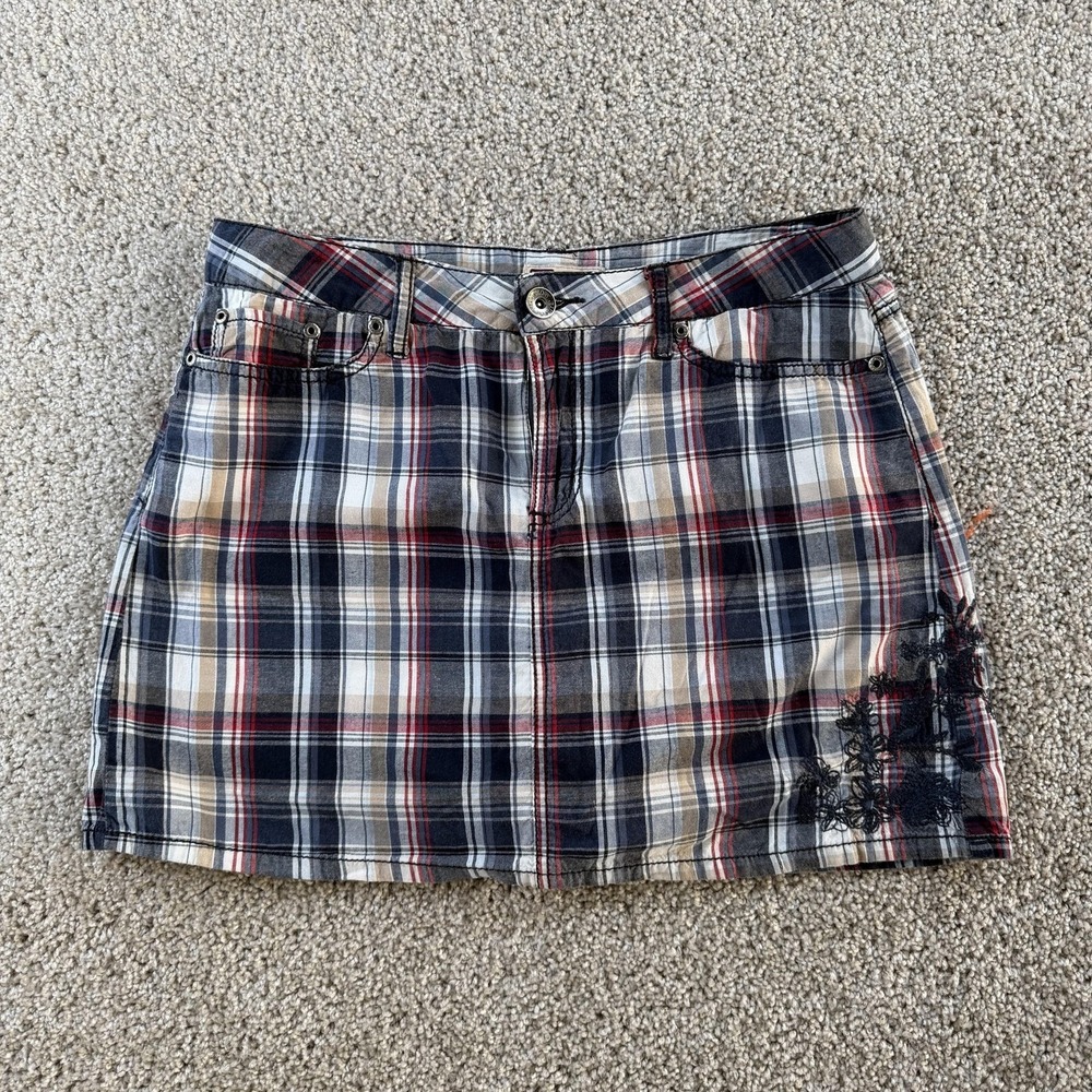 Faded Glory Y2K Skort Womens 6 Blue Plaid Short Mini Embroidered Lace Casual